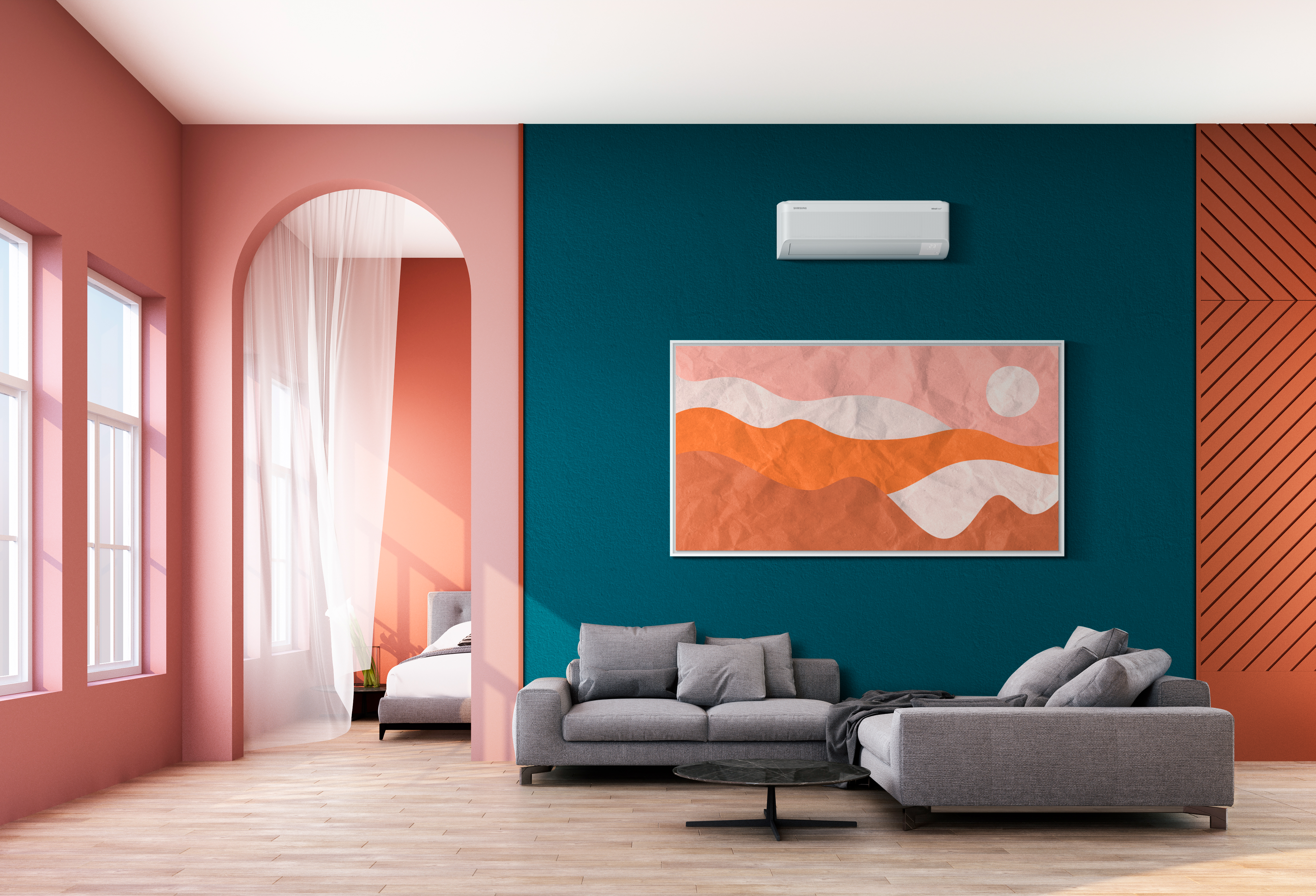 Memphis interior style living area with colorful wall decorate. 3d rendering ; Shutterstock ID 1368051827; Projectnummer: 23091880; job:  Samsung_Climate_Solutions_Photography_Pitch; client: Lukkien; other: 